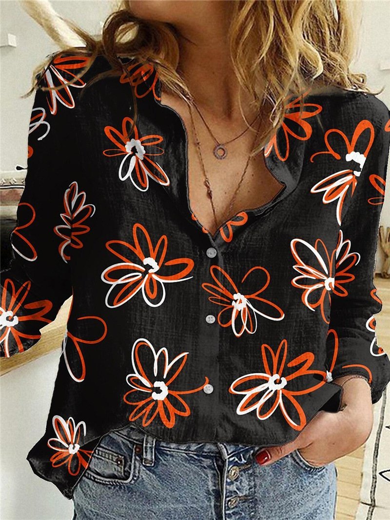 Blouses Floral Print Button Long Sleeve Blouse for Women