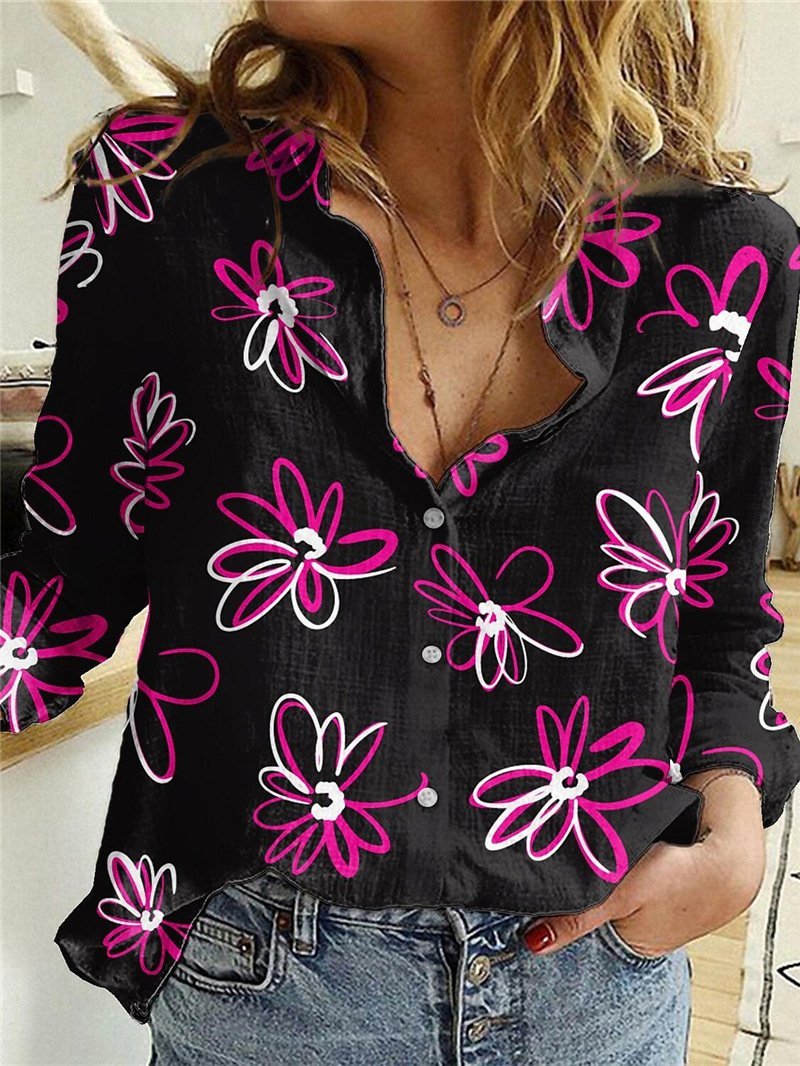 Blouses Floral Print Button Long Sleeve Blouse for Women