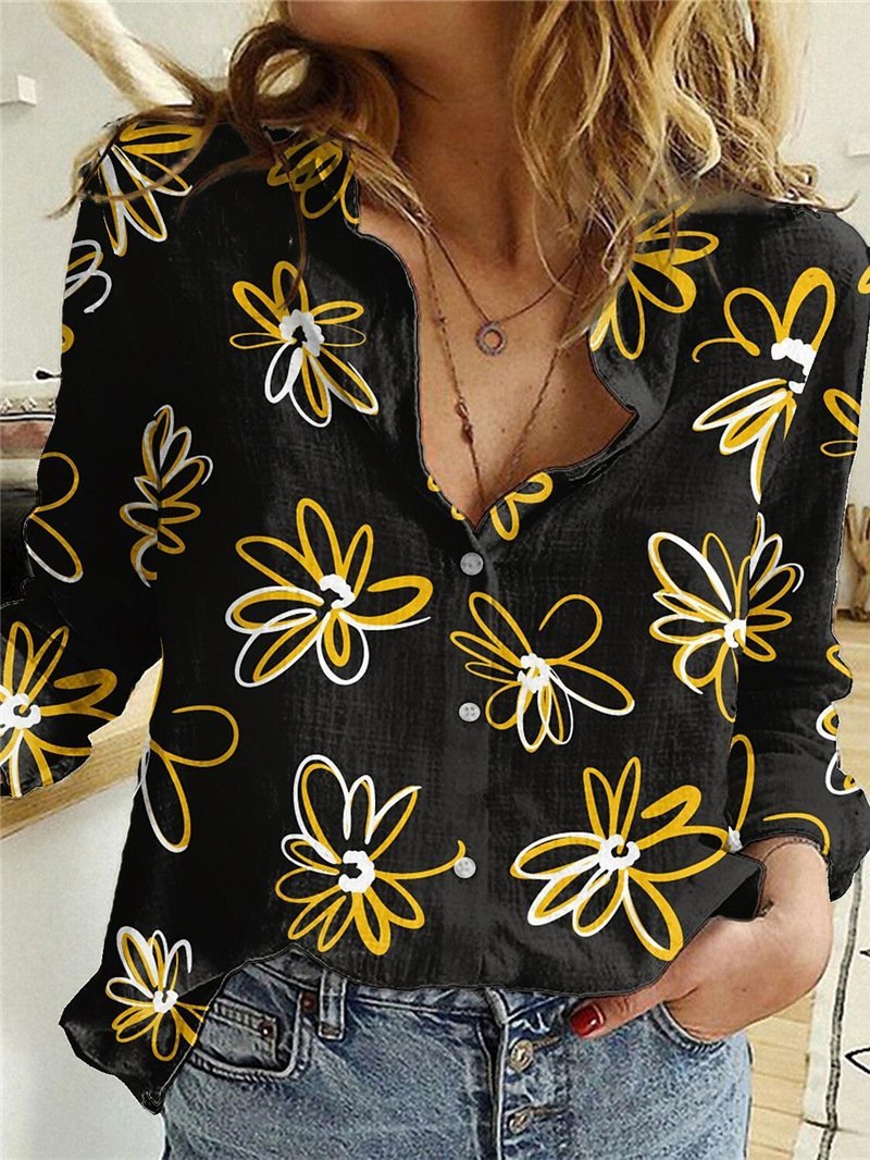 Blouses Floral Print Button Long Sleeve Blouse for Women