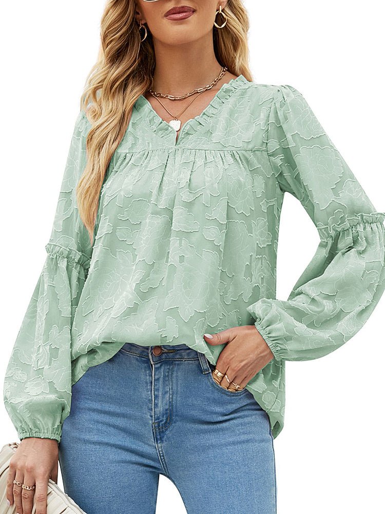 Blouses Floral Texture Chiffon Lantern Sleeve Blouse for Women