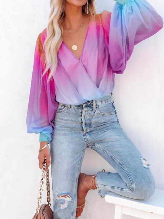 Blouses Gradient Sheer V-Neck Long Sleeve Blouse for Women