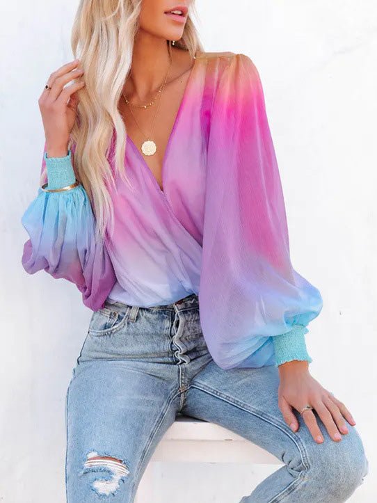 Blouses Gradient Sheer V-Neck Long Sleeve Blouse for Women