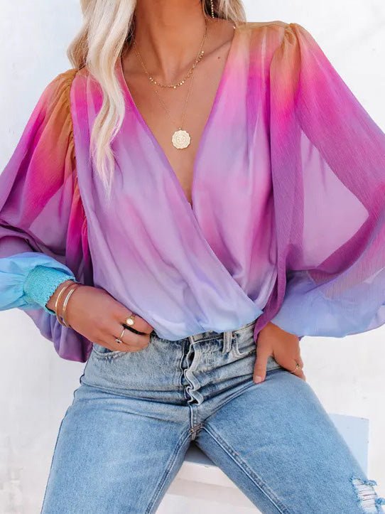 Blouses Gradient Sheer V-Neck Long Sleeve Blouse for Women