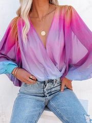 Blouses Gradient Sheer V-Neck Long Sleeve Blouse for Women