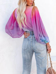 Blouses Gradient Sheer V-Neck Long Sleeve Blouse for Women