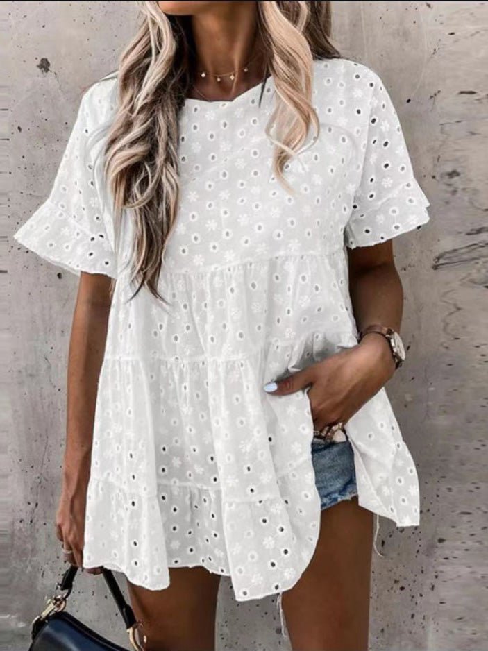 Blouses Hollow Jacquard Crew Neck Short Sleeve Blouse for Women