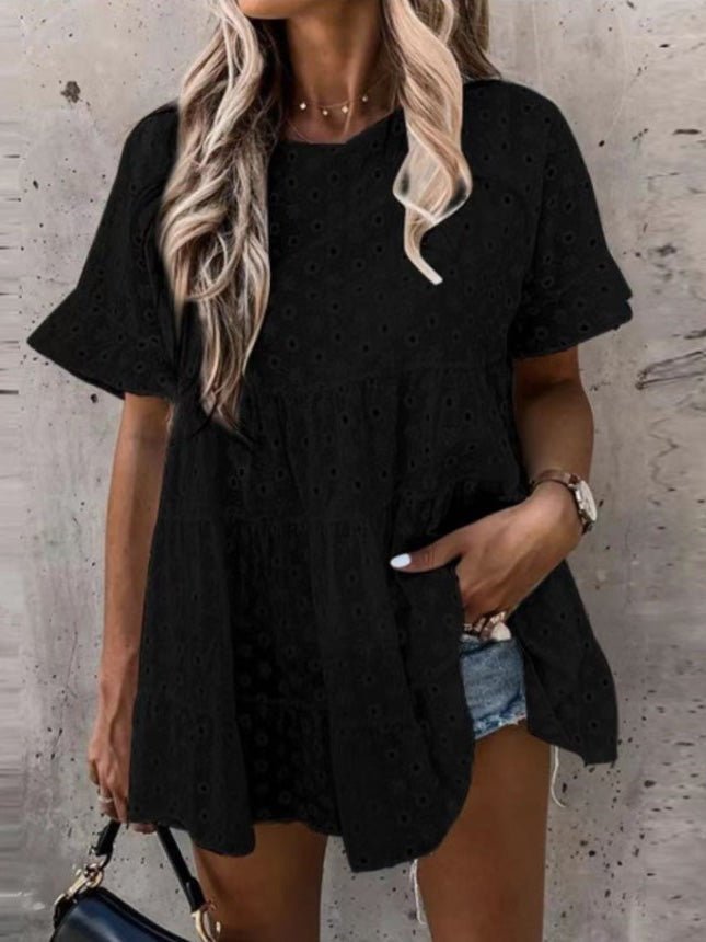 Blouses Hollow Jacquard Crew Neck Short Sleeve Blouse for Women