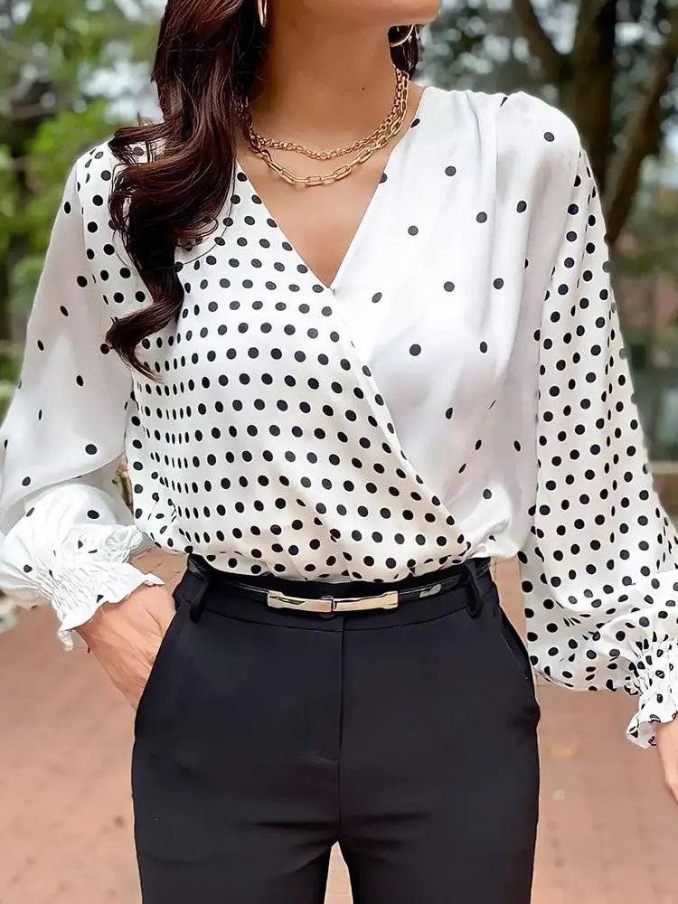 Blouses Irregular Polka Dot Print V-Neck Long Sleeve Blouse for Women