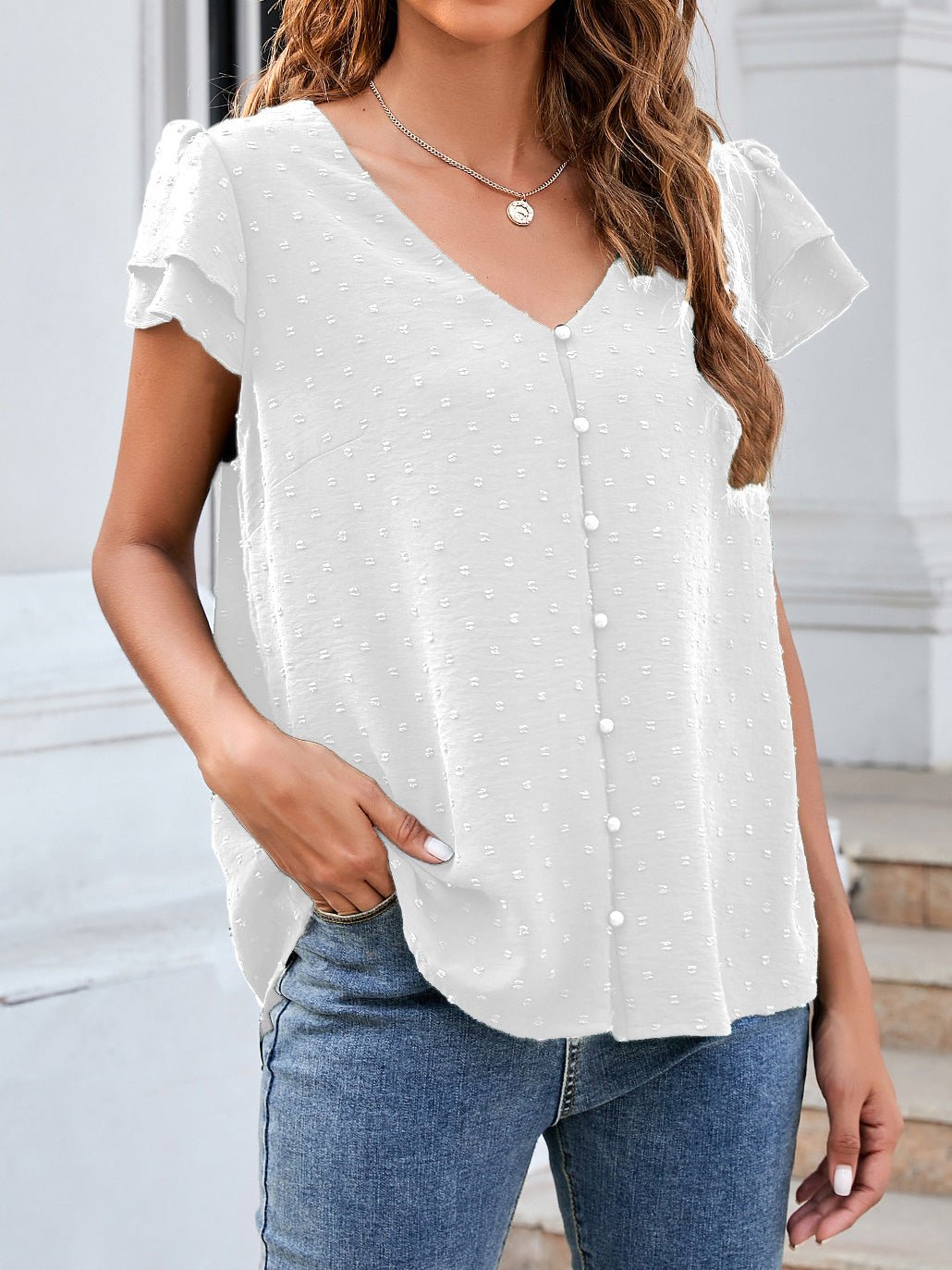 Blouses Jacquard V-Neck Buttoned Ruffle Short Sleeve Chiffon Blouse for Women