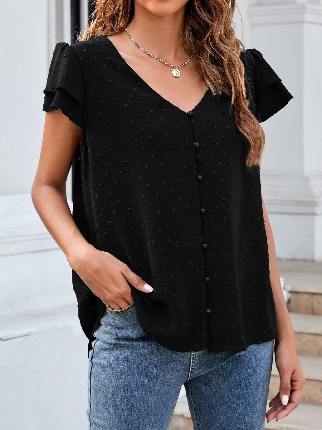 Blouses Jacquard V-Neck Buttoned Ruffle Short Sleeve Chiffon Blouse for Women