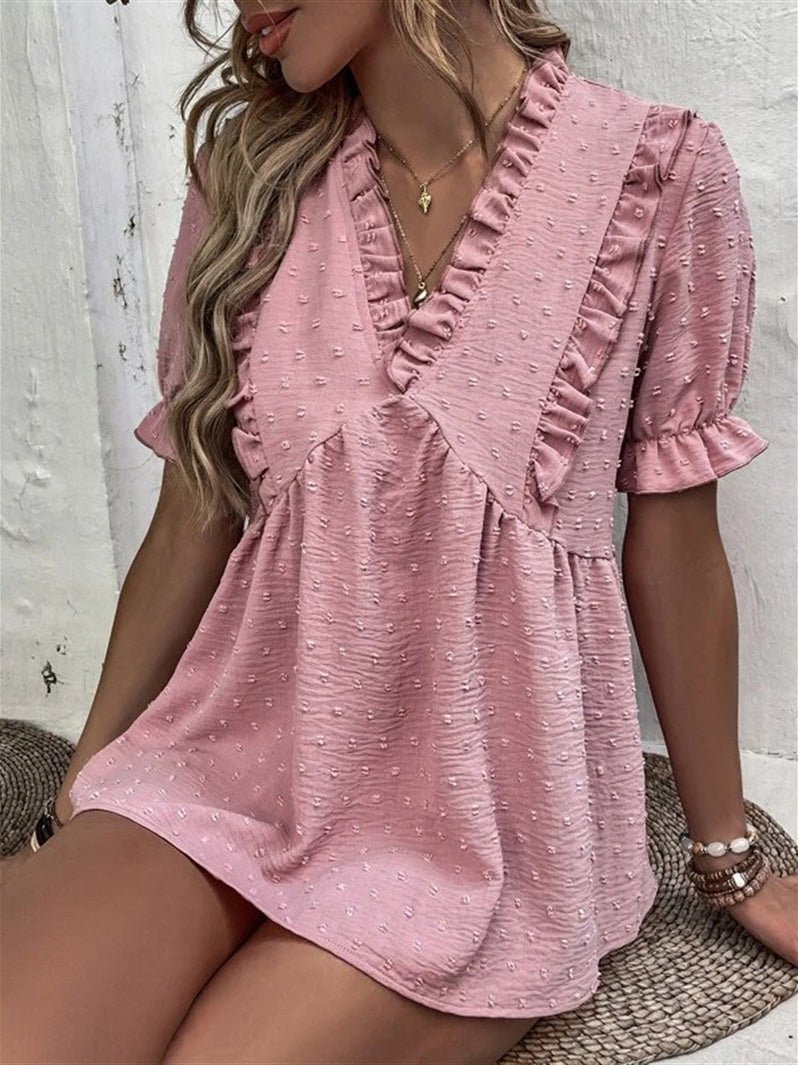 Blouses Jacquard V-Neck Ruffle Short Sleeve Blouse for Women