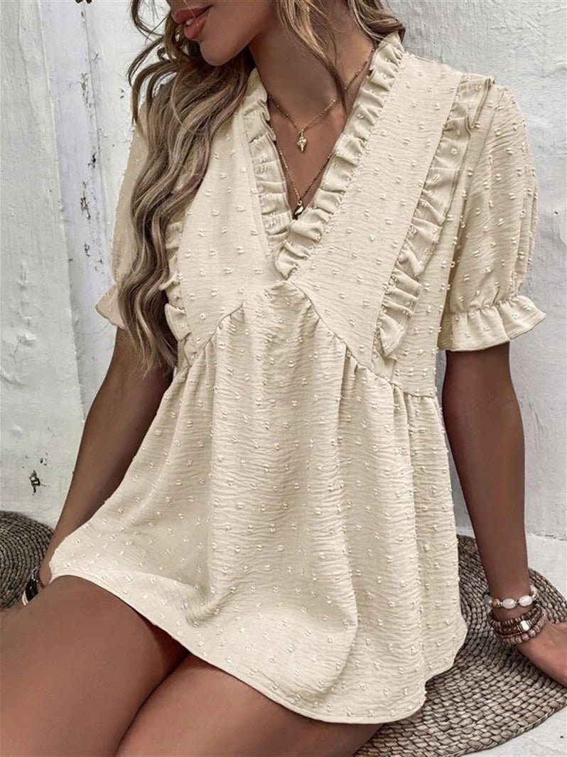 Blouses Jacquard V-Neck Ruffle Short Sleeve Blouse for Women