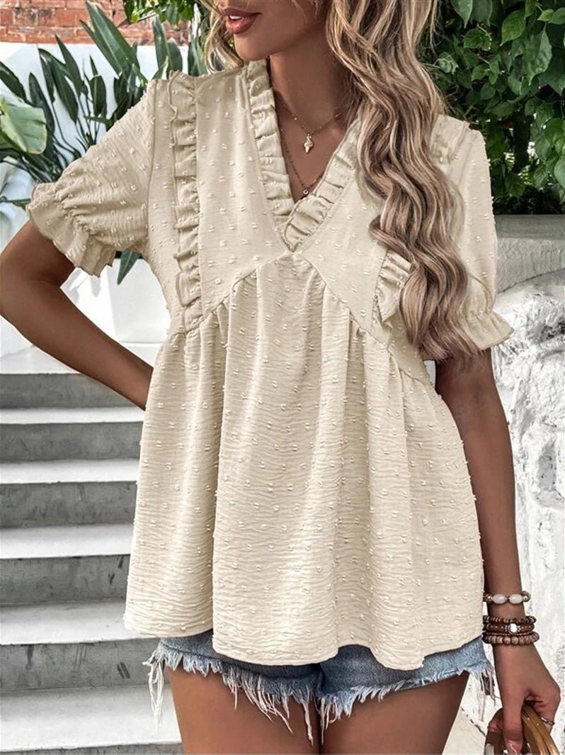 Blouses Jacquard V-Neck Ruffle Short Sleeve Blouse for Women