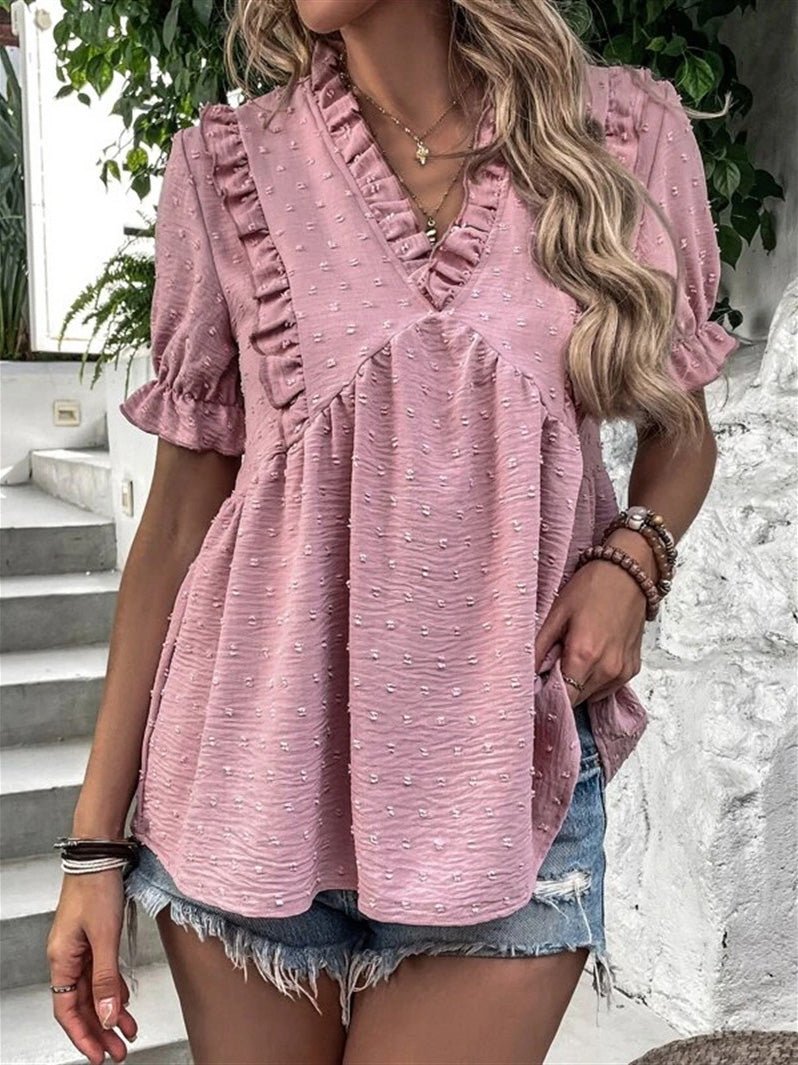 Blouses Jacquard V-Neck Ruffle Short Sleeve Blouse for Women