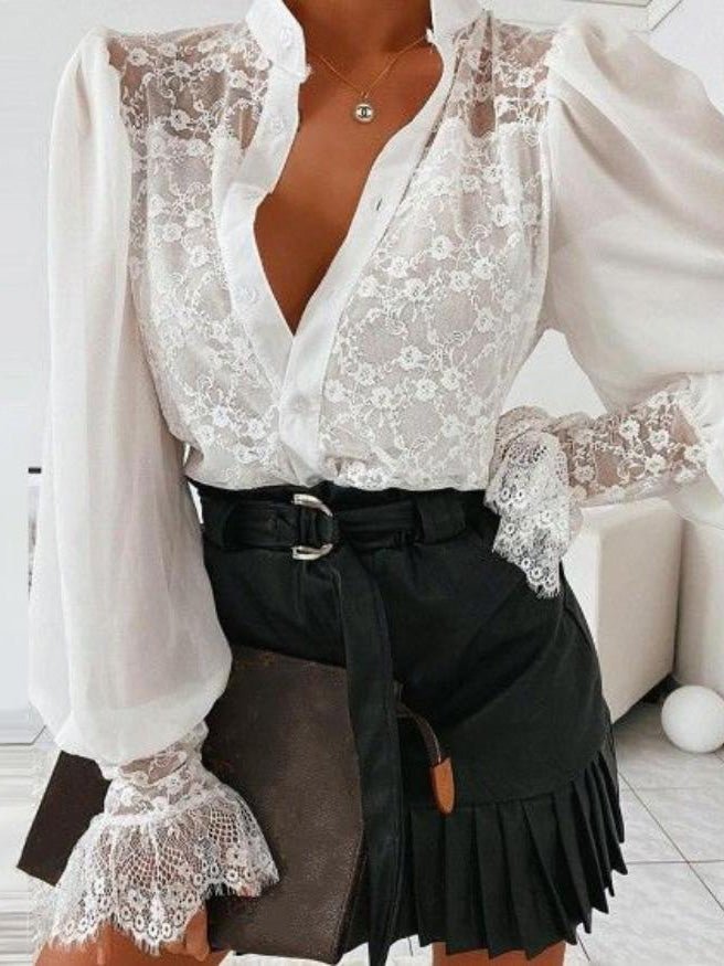 Blouses Lace Button Long Sleeve Blouse for Women