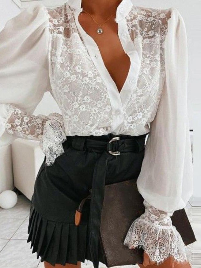 Blouses Lace Button Long Sleeve Blouse for Women