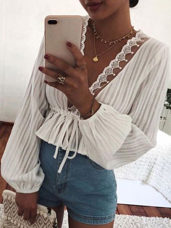 Blouses Lace Elastic Waist Tie Balloon Sleeves Blouse for Women