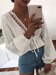 Blouses Lace Elastic Waist Tie Balloon Sleeves Blouse for Women