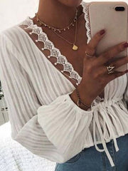 Blouses Lace Elastic Waist Tie Balloon Sleeves Blouse for Women