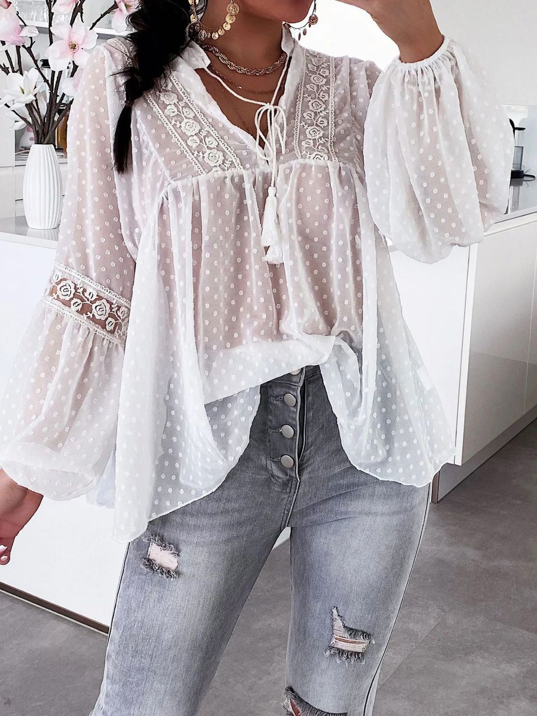 Blouses Lace Panel Balloon Sleeve Chiffon Blouse for Women