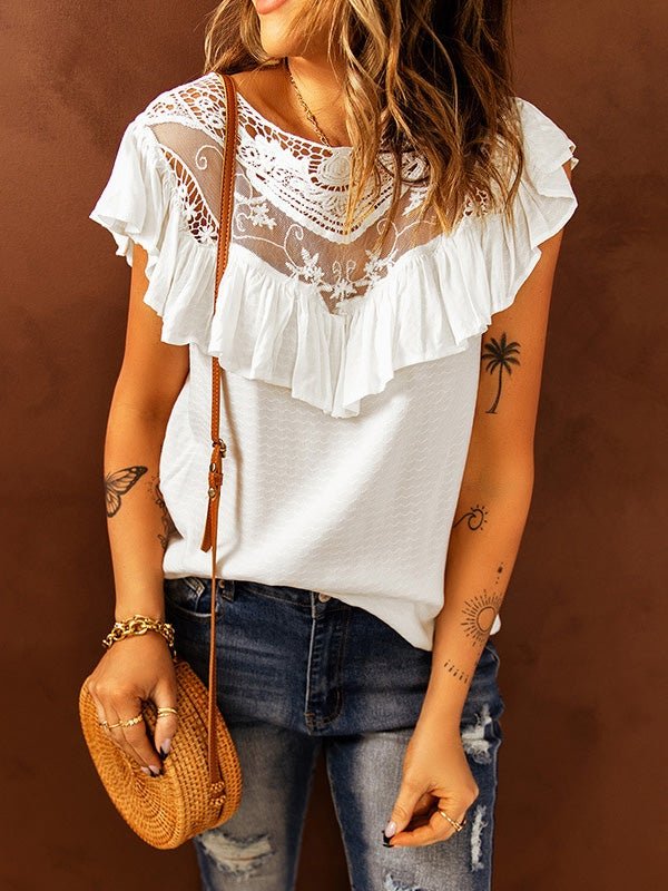 Blouses Lace Panel Ruffle Crew Neck Blouse for Women