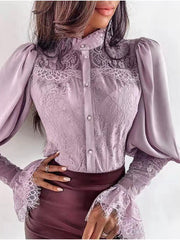 Blouses Lace Panel Stand Collar Flare Sleeves Blouse for Women