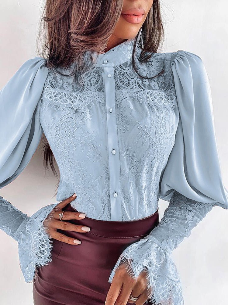 Blouses Lace Panel Stand Collar Flare Sleeves Blouse for Women