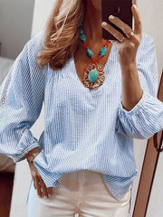 Blouses Lace Stitching Long Sleeve Stripes Blouse for Women