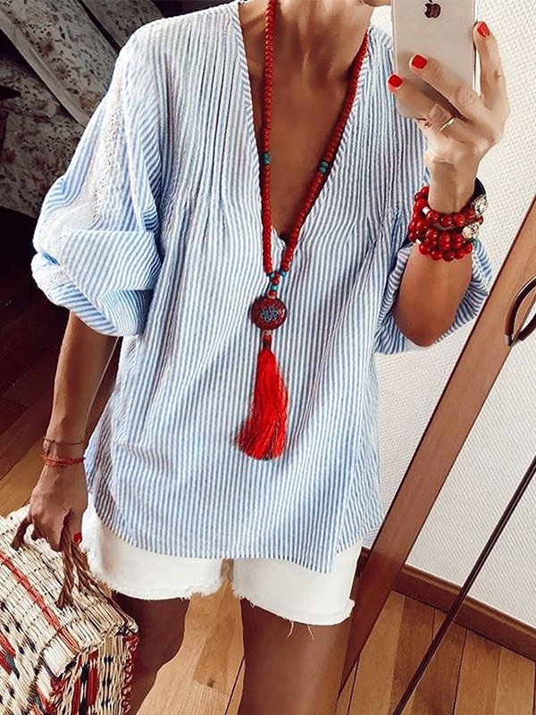 Blouses Lace Stitching Long Sleeve Stripes Blouse for Women