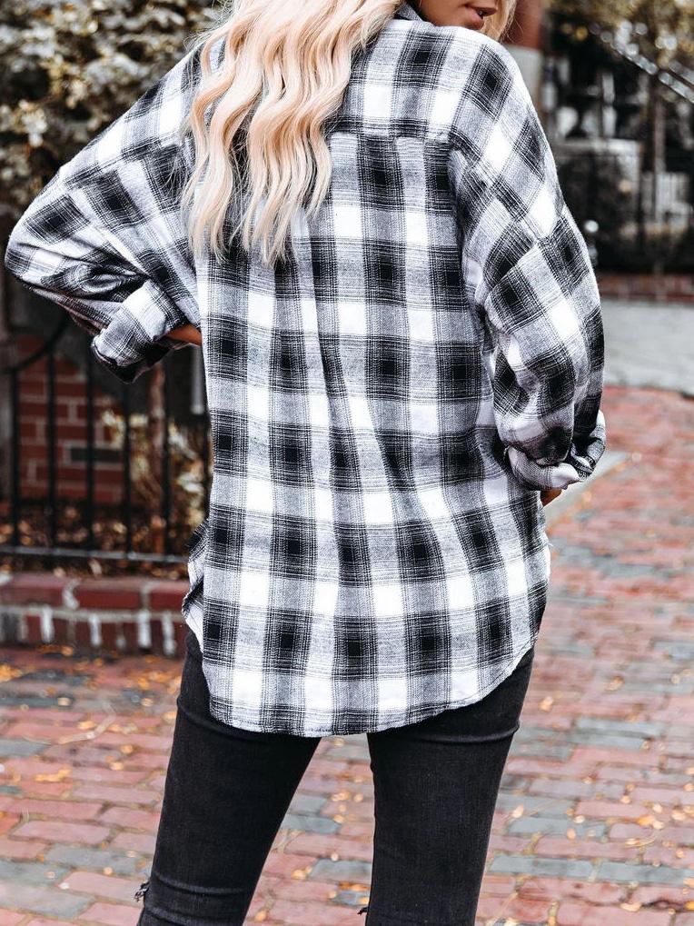 Blouses Lapel Black And White Plaid Long Sleeve Blouse for Women