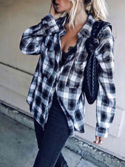 Blouses Lapel Black And White Plaid Long Sleeve Blouse for Women