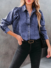 Blouses Lapel Button Long Sleeve Denim Blouse for Women