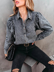 Blouses Lapel Button Long Sleeve Denim Blouse for Women