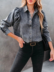 Blouses Lapel Button Long Sleeve Denim Blouse for Women