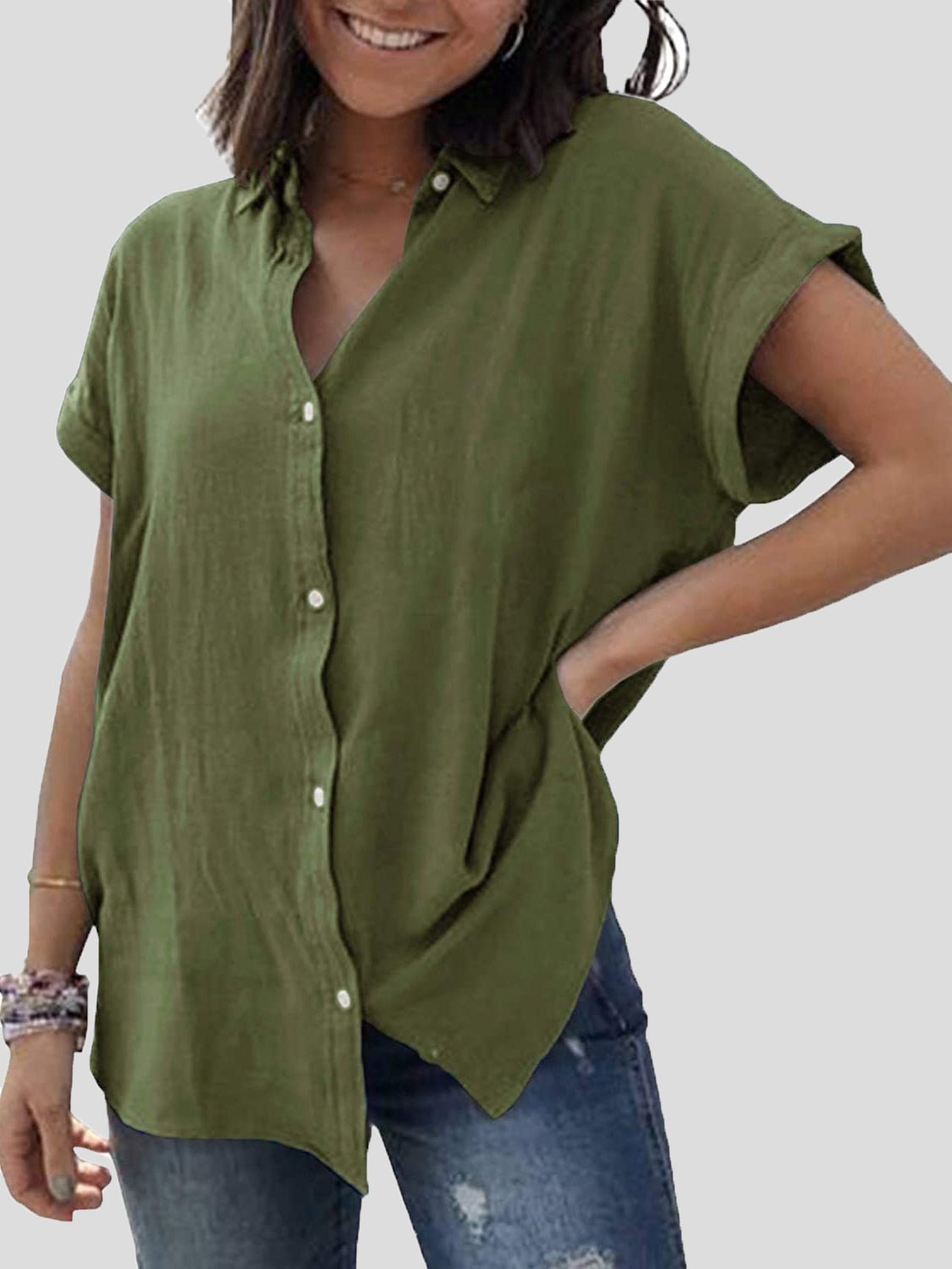 Blouses Lapel Button Short Sleeve Blouse for Women