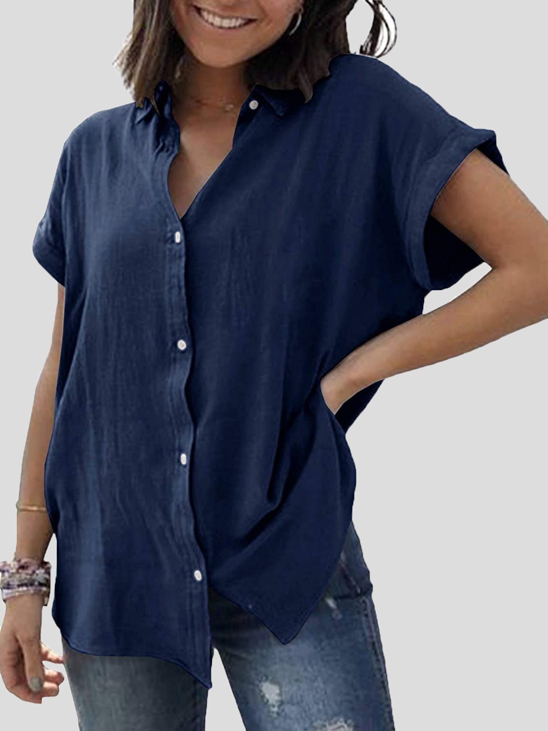 Blouses Lapel Button Short Sleeve Blouse for Women