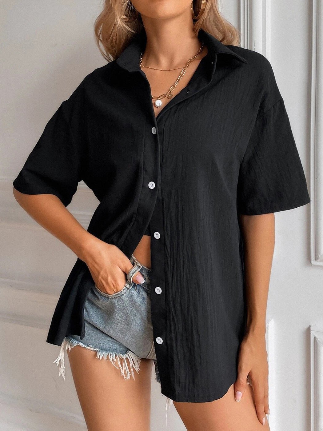 Blouses Lapel Button Short Sleeve Casual Blouse for Women