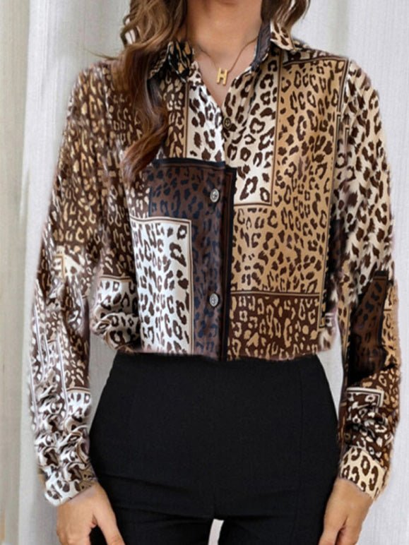 Blouses Lapel Leopard Long Sleeve Blouse for Women