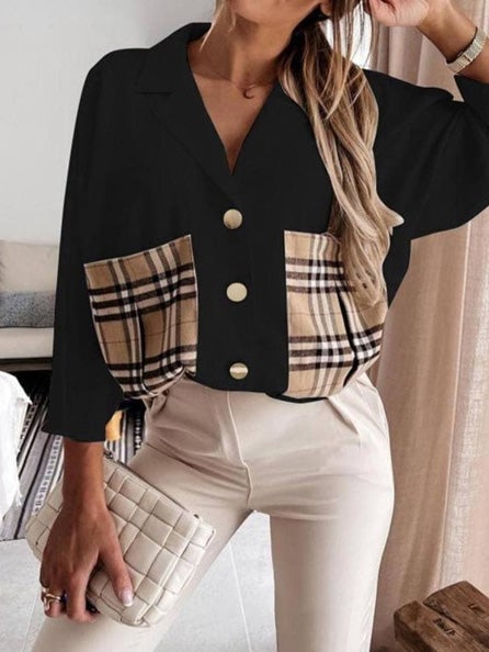 Blouses Lapel Plaid Stitching Pocket Long Sleeve Blouse for Women