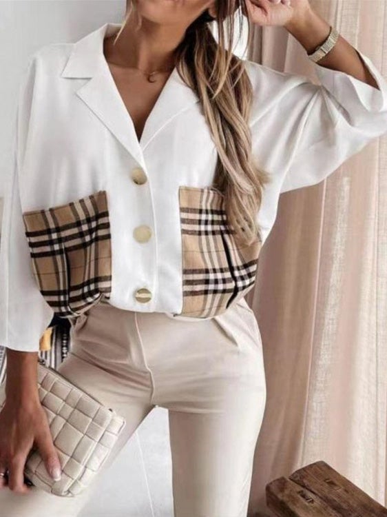 Blouses Lapel Plaid Stitching Pocket Long Sleeve Blouse for Women