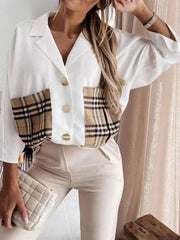 Blouses Lapel Plaid Stitching Pocket Long Sleeve Blouse for Women