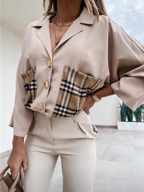 Blouses Lapel Plaid Stitching Pocket Long Sleeve Blouse for Women