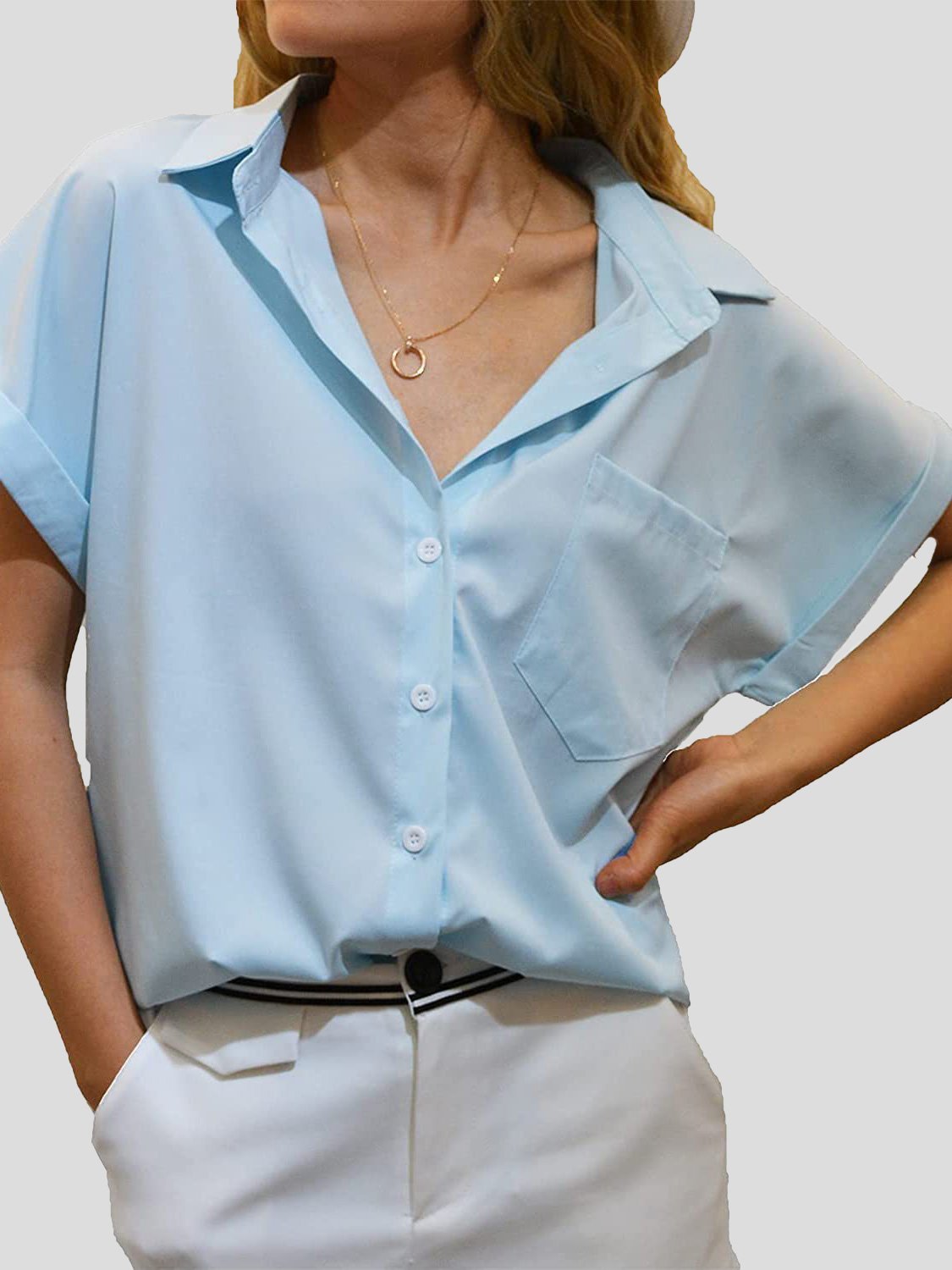 Blouses Lapel Pocket Button Short Sleeve Blouse for Women