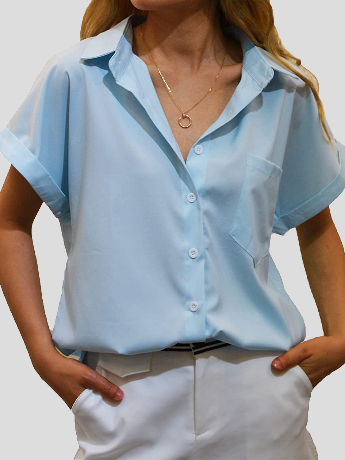 Blouses Lapel Pocket Button Short Sleeve Blouse for Women