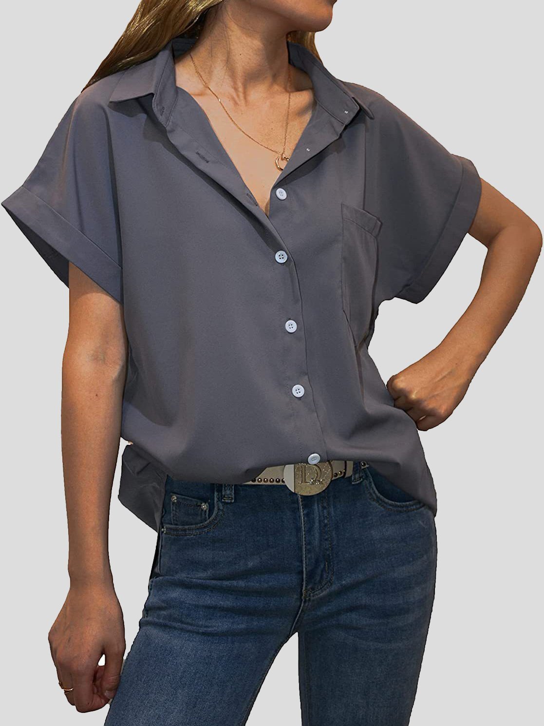 Blouses Lapel Pocket Button Short Sleeve Blouse for Women