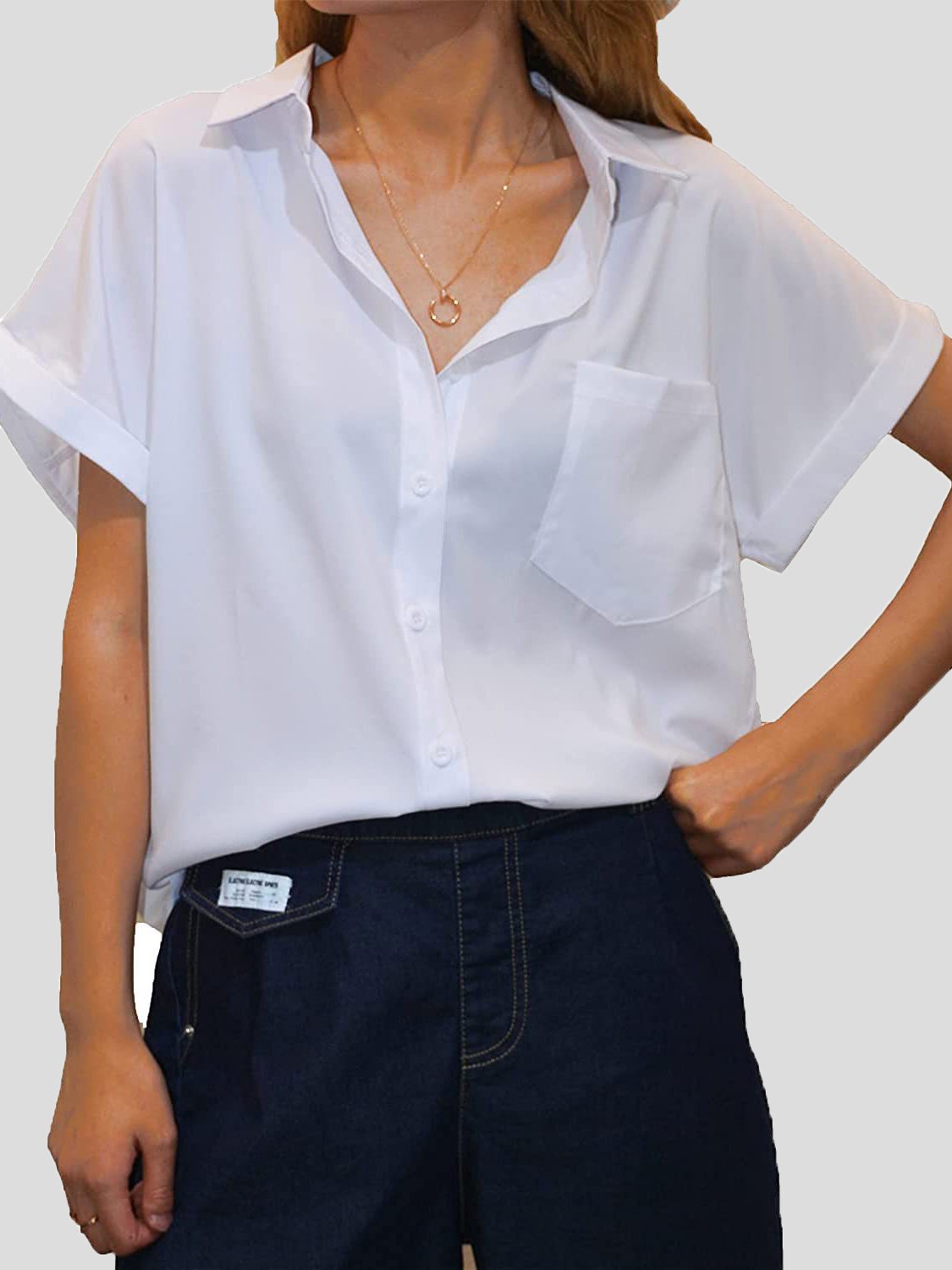 Blouses Lapel Pocket Button Short Sleeve Blouse for Women