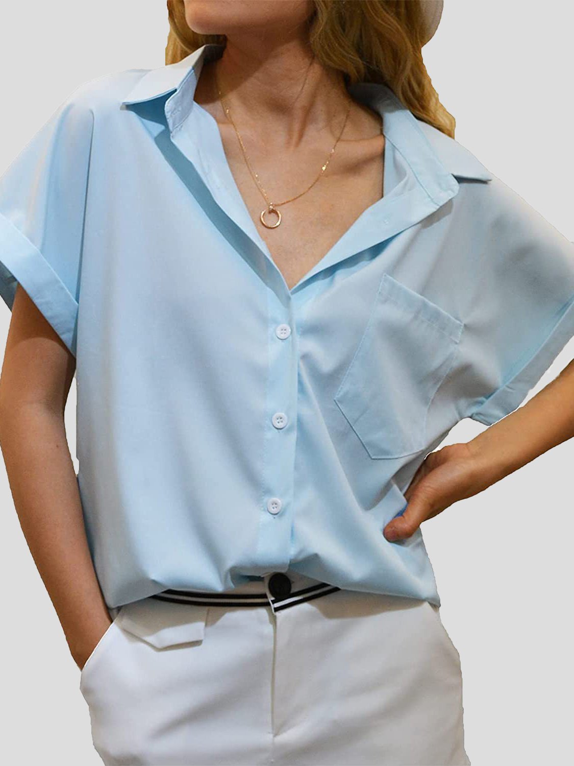 Blouses Lapel Pocket Button Short Sleeve Blouse for Women