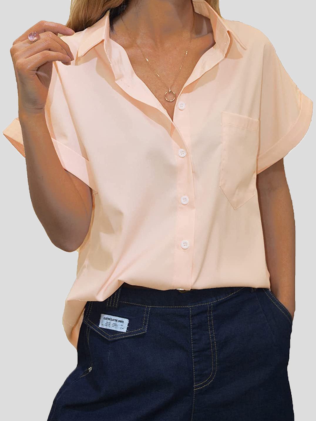 Blouses Lapel Pocket Button Short Sleeve Blouse for Women