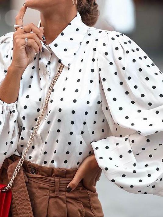 Blouses Lapel Polka Dot Lantern Long Sleeve Blouse for Women