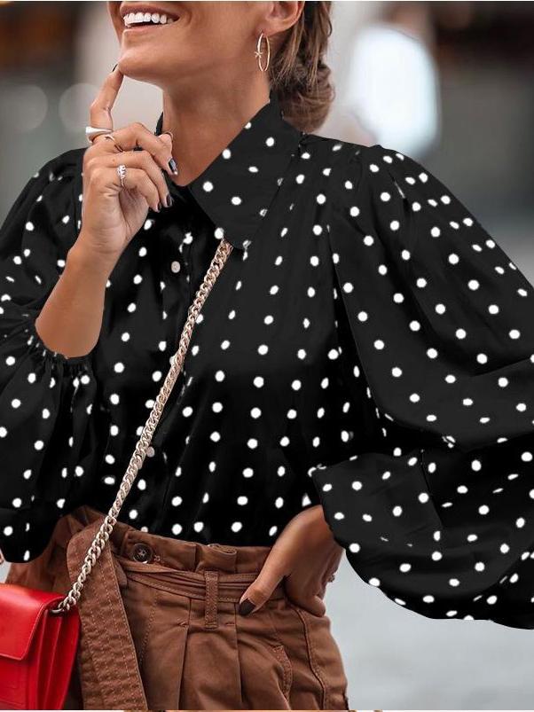 Blouses Lapel Polka Dot Lantern Long Sleeve Blouse for Women